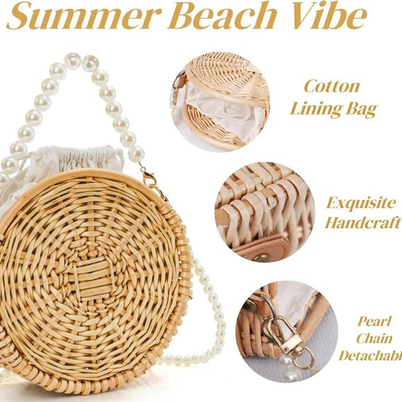 Luxury 8" Boho Straw Tote with Secure Drawstring - Pearl Handle Design - Picture 2 of 8